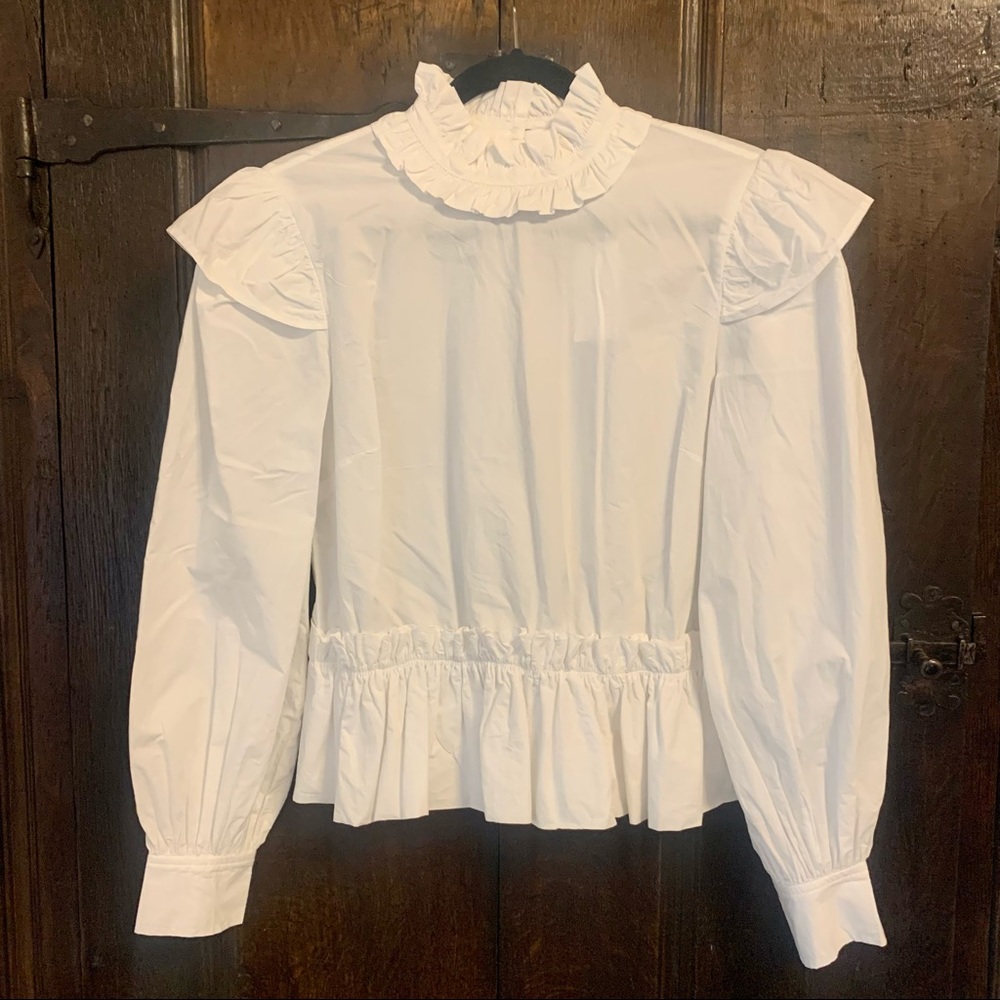 GANNI Smocked Cotton Poplin Blouse